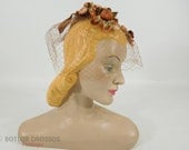 1950s Veil Hat With Brown Flowers and Velvet Bow TREASURY ITEM