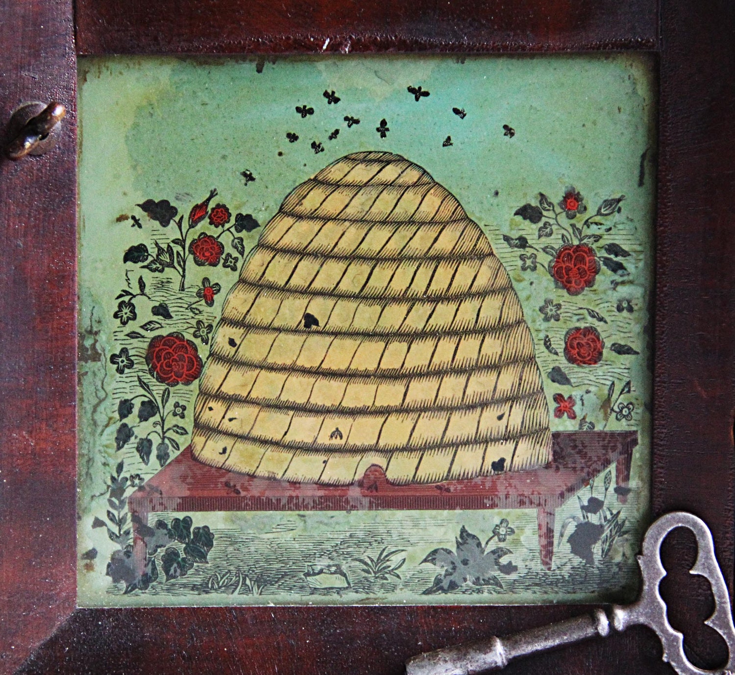 Antique Victorian Ansonia 8 Day Steeple Mantle Clock Mahogany Wood Reverse Beehive Painting