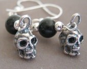 Death and The Maiden Genuine Jet and Sterling Silver Skull Charm Earrings