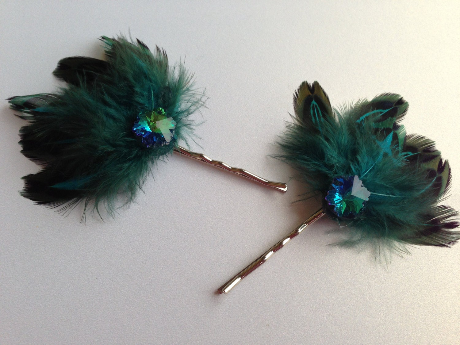 Peacock Feathers Hair Pins, Teal Wedding Hair Flowers, Bobby Pin Set, Bridal Hair Pins - BlissfulPetals