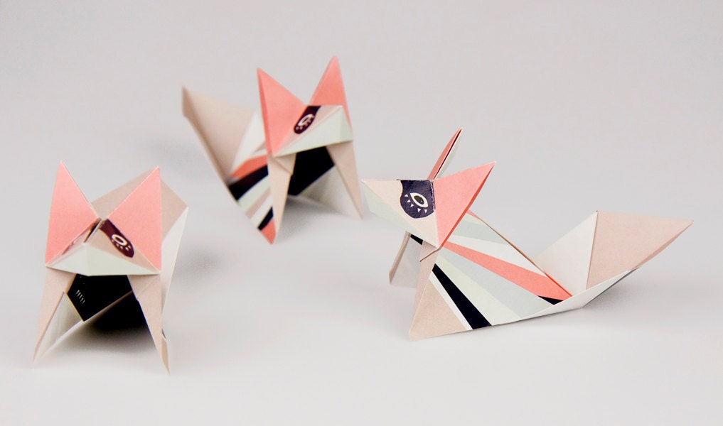 Pack of three folded origami fox with pattern print, packed, Rose, Blue, Beige