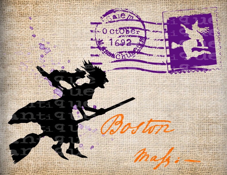 Antique COLOR French Postcard Postmark Halloween WITCH France Paris Digital Download for Papercrafts, Transfer, Pillows, etc Burlap No 7381