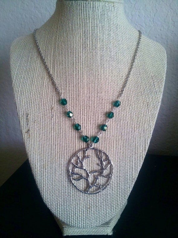 Long Silver Tree Pendant Necklace