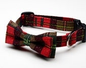 Christmas Tartan Plaid - Red and Green Gold Glitter - Bowtie Adjustable Dog Collar