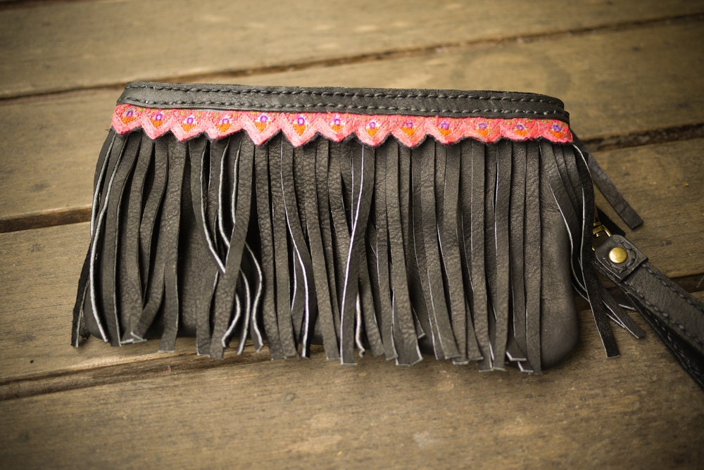 Black Leather Fringe Clutch with Vintage Hmong Textile for the Urban Gypsy