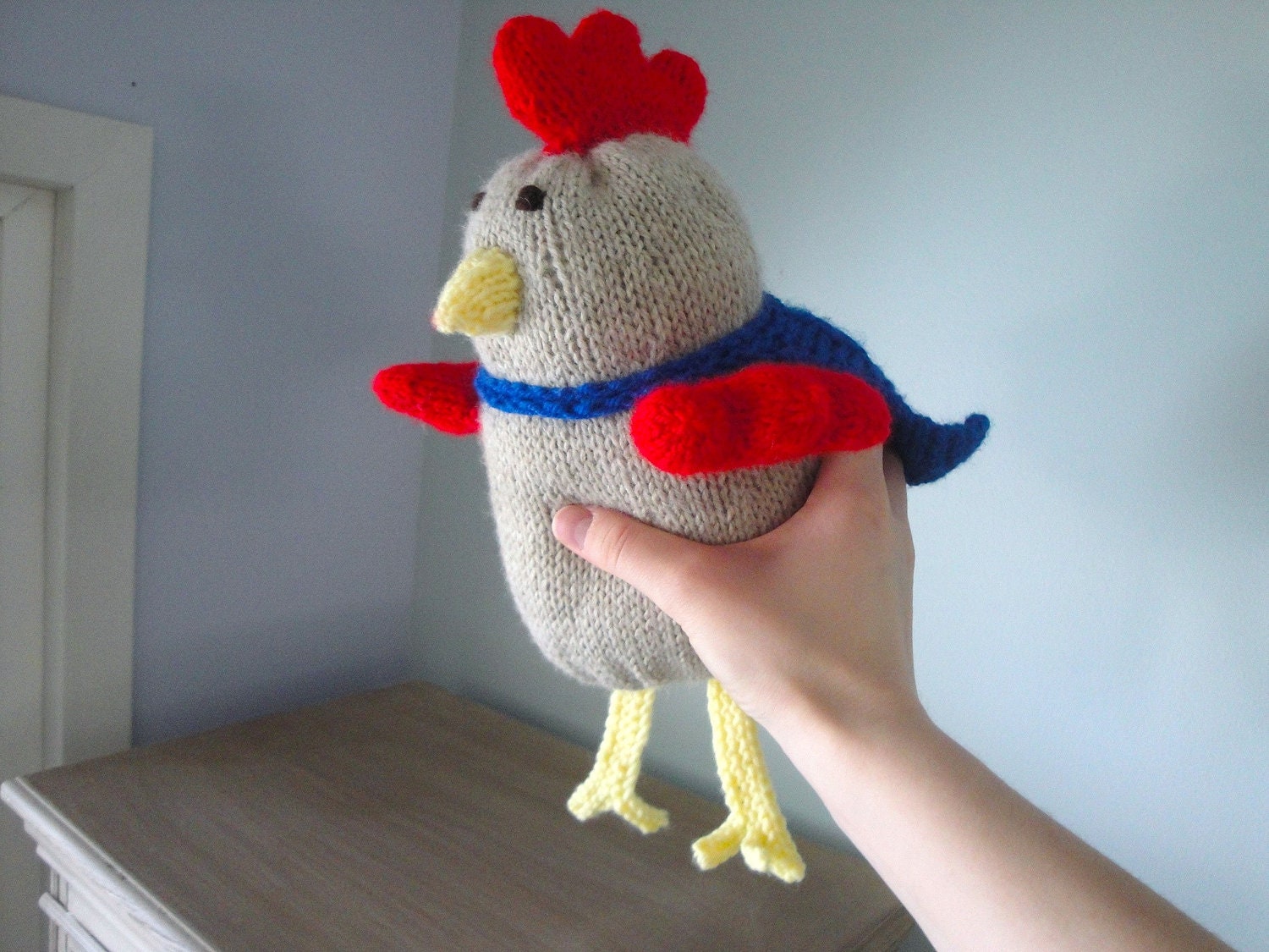 Super Chicken In Cape, Hand Knit Soft Waldorf Toy by Girlpower Superchicken Plush Doll