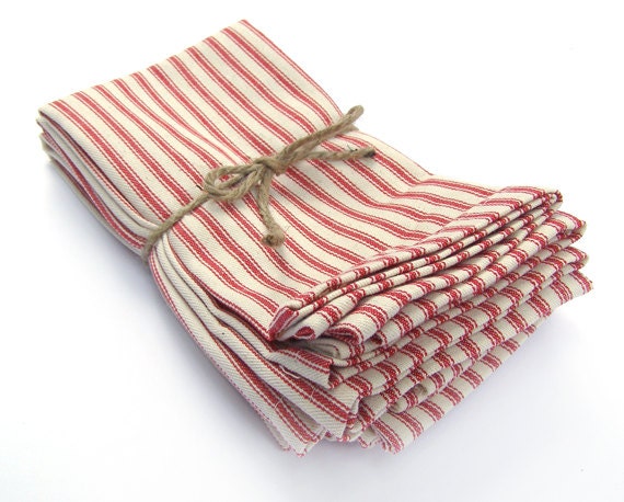 Red French Ticking Cloth Napkins - Set of 4 - Dinner Napkins