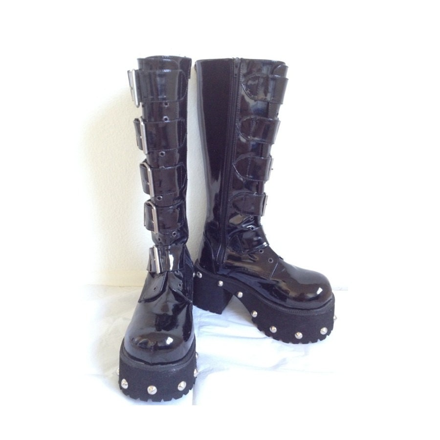 90s Tall unisex studded grunge goth hair metal cyber industrial chunky black platform boots (7)