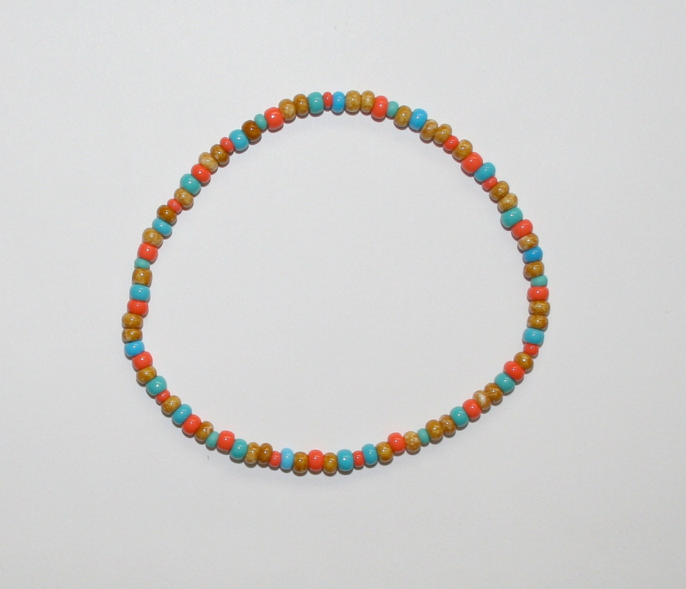SALE Czech Glass Seed Bead 9" Anklet Handmade Picasso Stone Look Turquoise Coral Native American Indian Jewelry Southwestern Hippie Boho
