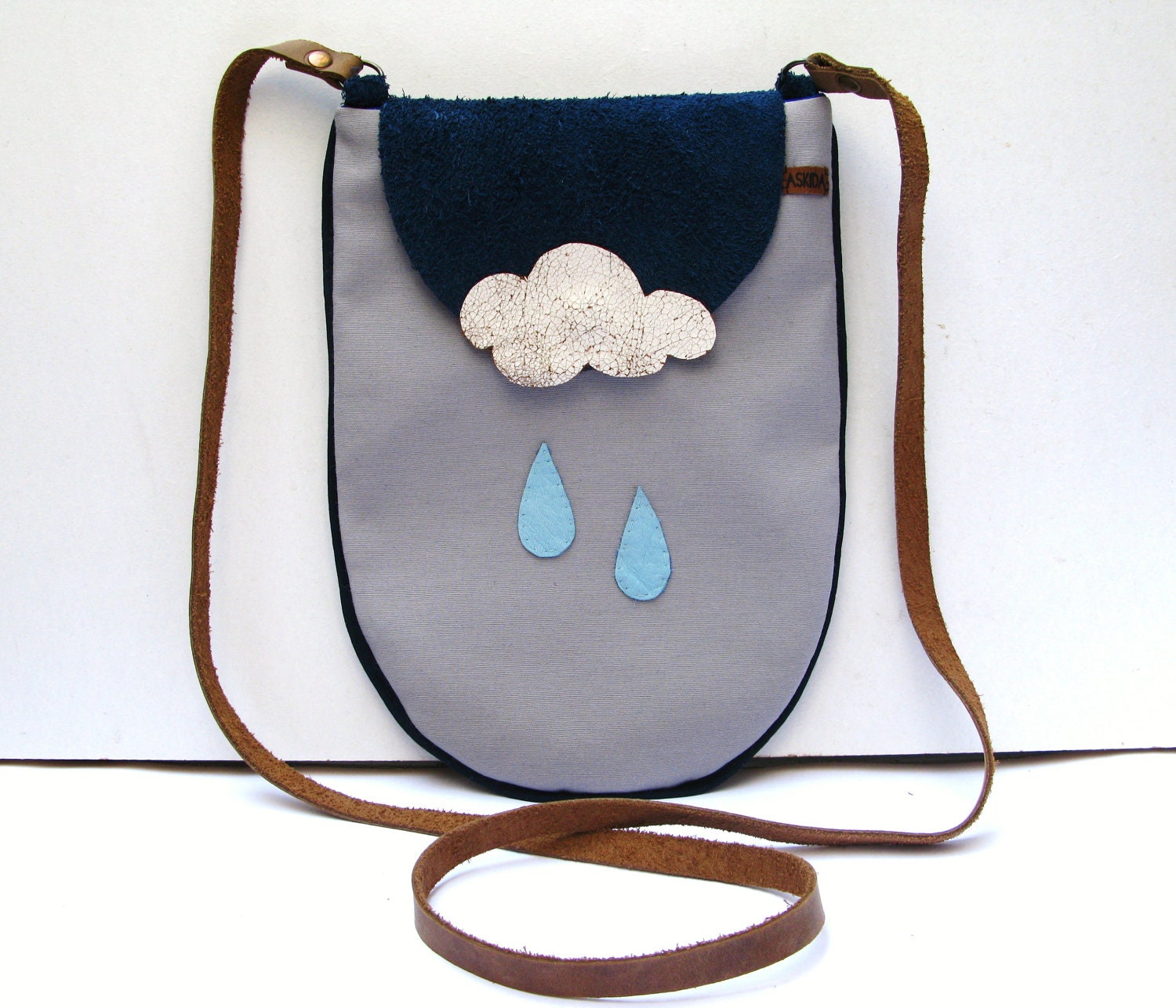 Crossbody,Shoulder, Sling Bag in Grey Gray with Cowhide Leather Strap and Leather Rain Drops & Cloud, Navy Nubuck Flap