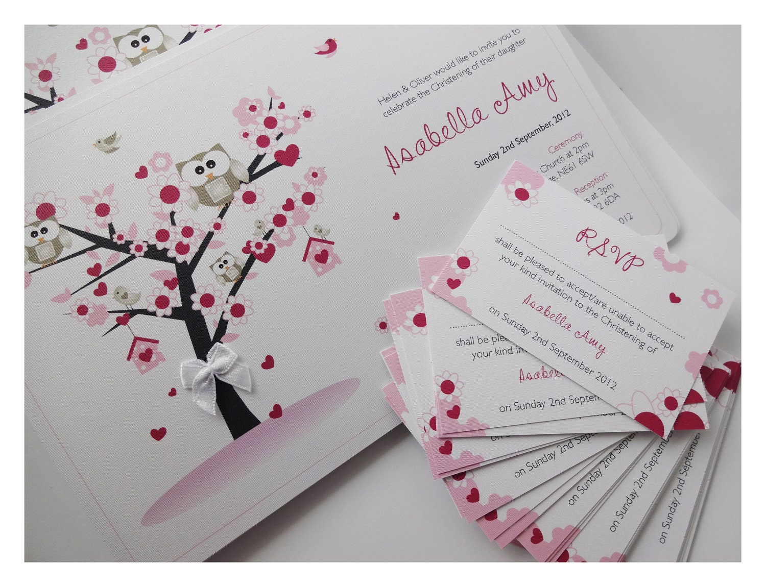Pack of 10 Hand Made Christening Invitations - Pink or Blue Owl theme.