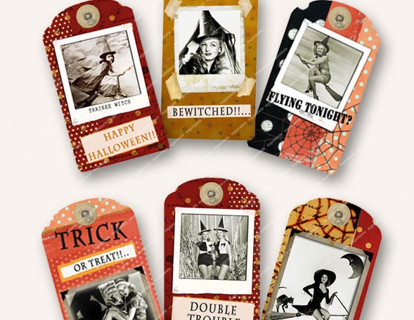 HOLLYWOOD Halloween witches tags for  favour bagsparty bags halloween party etc 1.5x2.5in MagentaBelle digital collage sheet  3