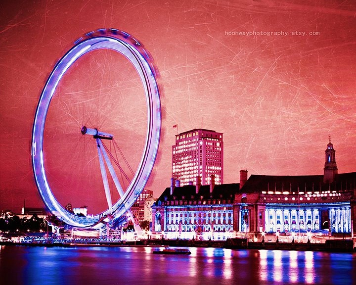 London Photograph The London Eye London Landmark Bright Pink Red Purple Ferris Wheel London Olympics Large Print Photography Home Wall Decor