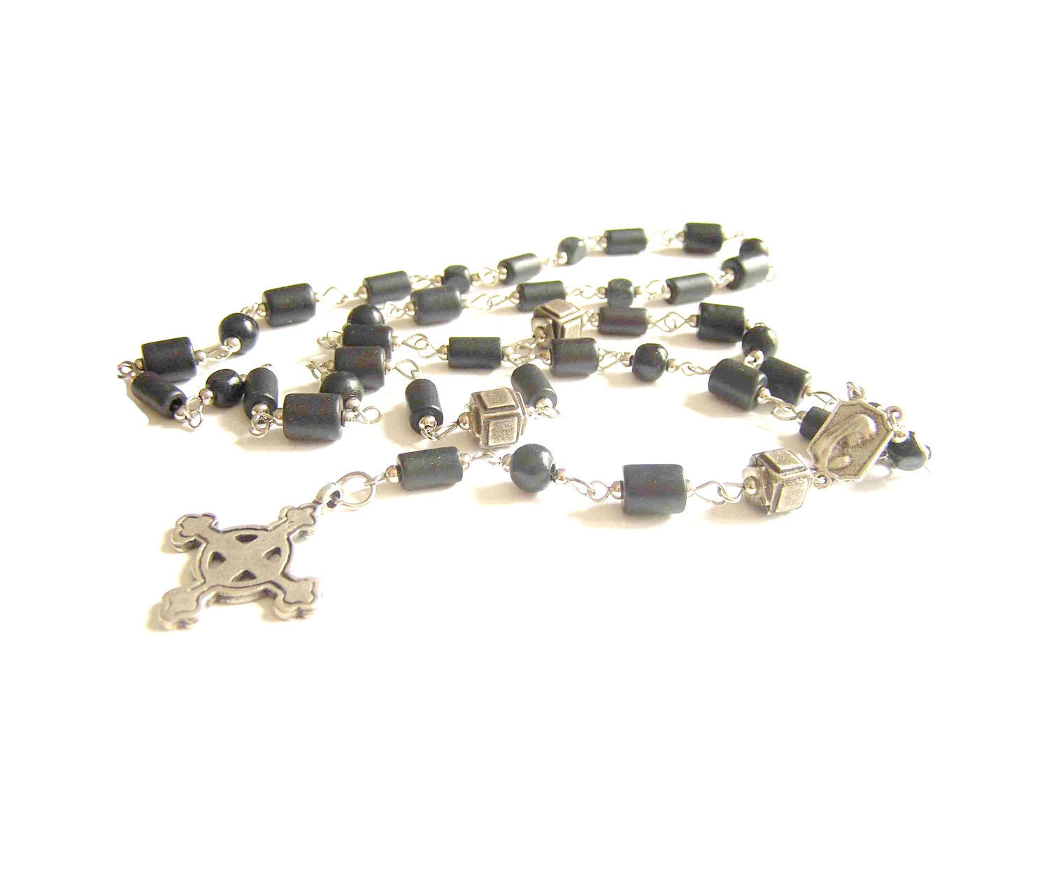 Unisex ceramic-beaded rosary handmade of BLACK ceramic, wooden and metal beads ending with cross - MyParadeAtelie