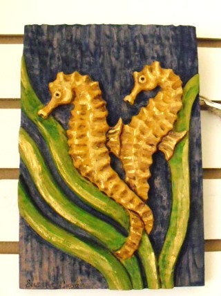 Romantic  Couple-Hand Carved Wood Sea Horses -Wall Hanging -Home Decor- Coastal Decor- Beach Decor