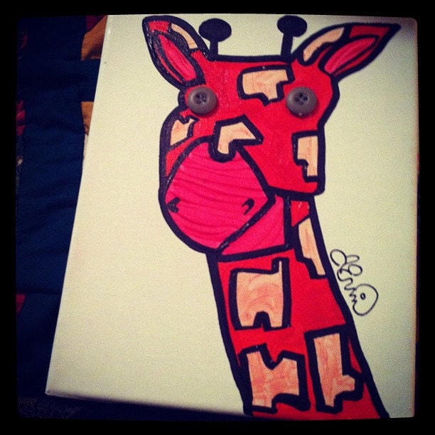 Cute as a Button giraffe acrylic painting on 8X10 staple back canvas with cute button eyes
