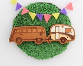 Wood laser cut brooch Cosy vintage Caravan and Kombi combo Hand painted yellow and white