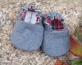 Herringbone Baby Shoes--Blue Slate Flannel--holiday--Christmas--fully reversible