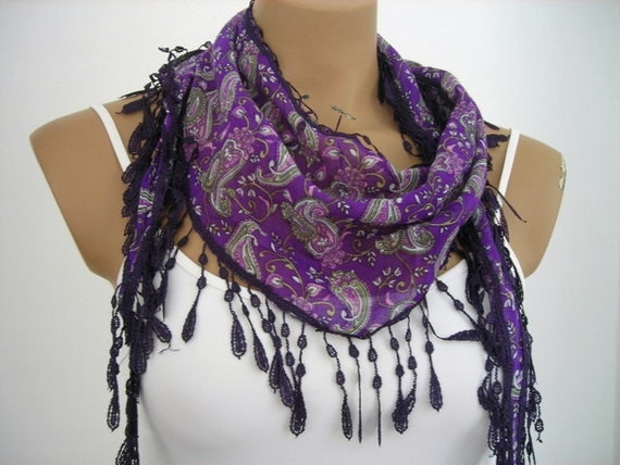 Woman Cotton Scarf in Purple Green Pink Paisley Scarf Summer Fashion
