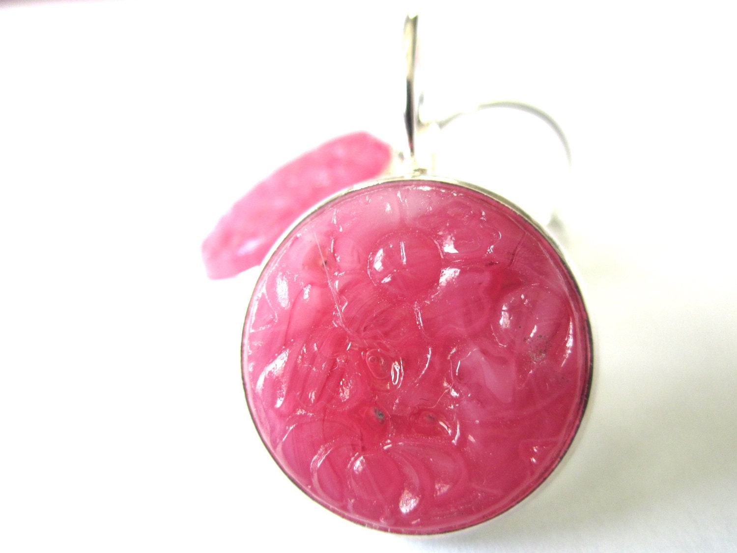 Pink vintage glass earrings, floral pattern on glass, silver leverbacks