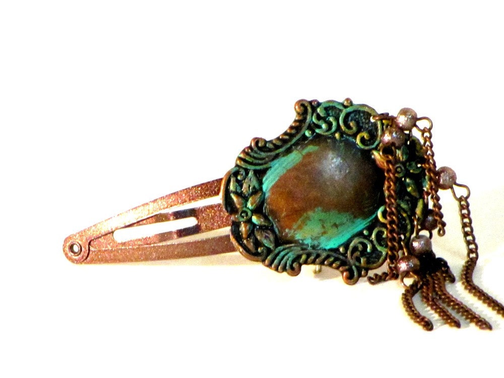 Copper Hair Clip, Ornate Hair Clip, Decorative, Beaded Snap Hair Clip, Beads,Tassels