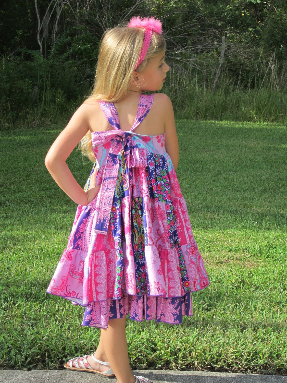 Crazy Love Patchwork Twirl Boho Dress Size 6 Three Tiers Two Layers Tie Back Adjustable Straps Handmade Ready to Ship