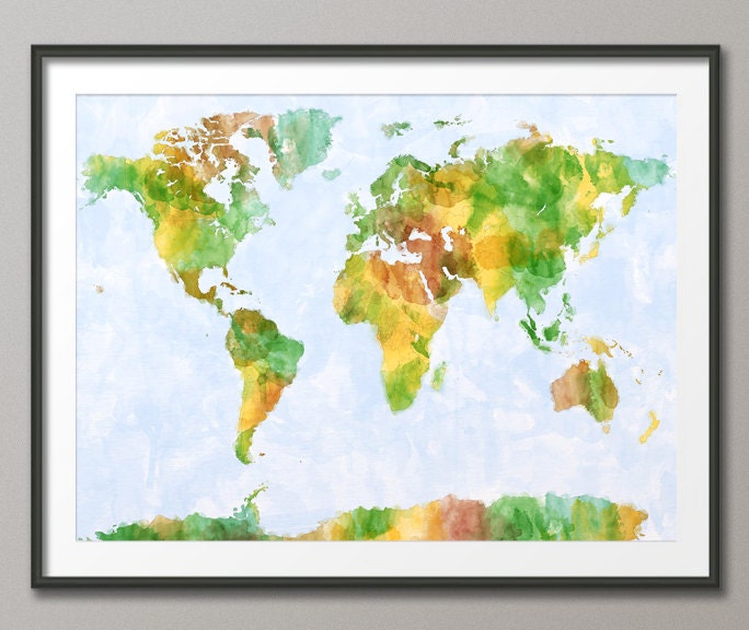 Map of the World Map Watercolor Painting, Art Print, 18x24 inch (139)
