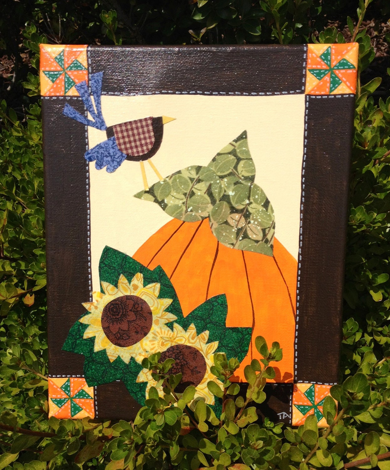 Quilt Art: Primitive Pumpkin, Sunflowers and Crow