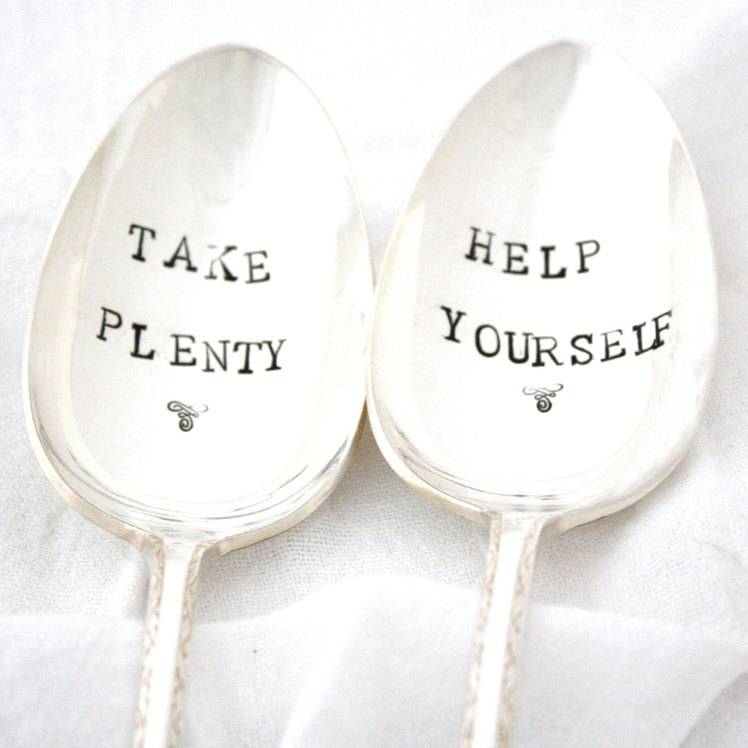 Take Plenty & Help Yourself servers, hand stamped vintage silver serving spoons for table decor or hostess gift under 50