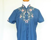 Vintage Oriental Embroidered Blouse - Blue Floral Blouse