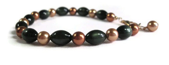 Vintage Beaded Bracelet with Swarovski Pearls Green Copper Gold - Free Ship in US