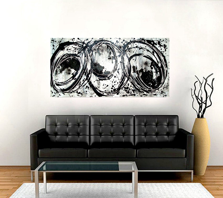 Black and White Abstract Acrylic Original Painting Fine Art on Gallery Canvas Titled: STATIC 24x48x1.5" by Ora Birenbaum