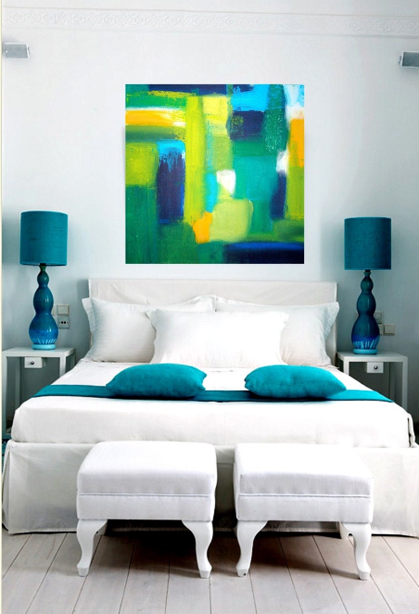 ORIGINAL Blue and Green Abstract Acrylic Painting on Gallery Canvas Titled: UPTOWN. 30x30x1.5" byOra Birenbaum Abstract.