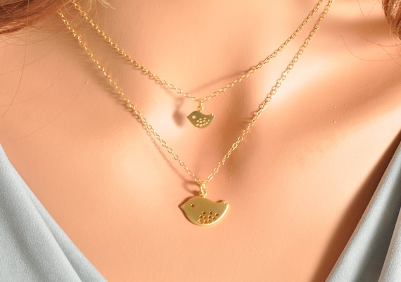Mother and Daughter Necklace - double necklace, gold bird necklace, mom necklace, daughter necklace, pair necklace