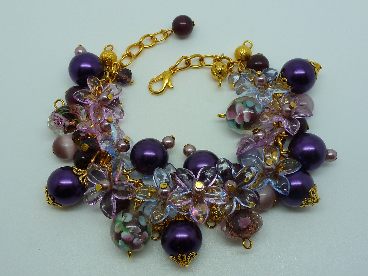 Gold & Purple Charm Bracelet - Swarovski Crystals - Acrylic Flowers - Sri Lankan Opals - Lampwork Beads - Glass Pearls - "Golden Grape Vine"