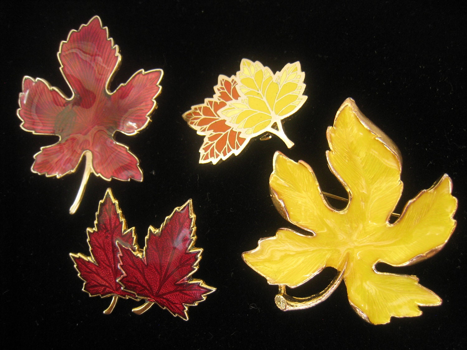 RESERVED until 9/22/12 for KR Lot of 4 Vintage Fall Leaf Brooches Enameled in Yellow, Orange, Red,  in Varied Sizes, Designs, and Condition