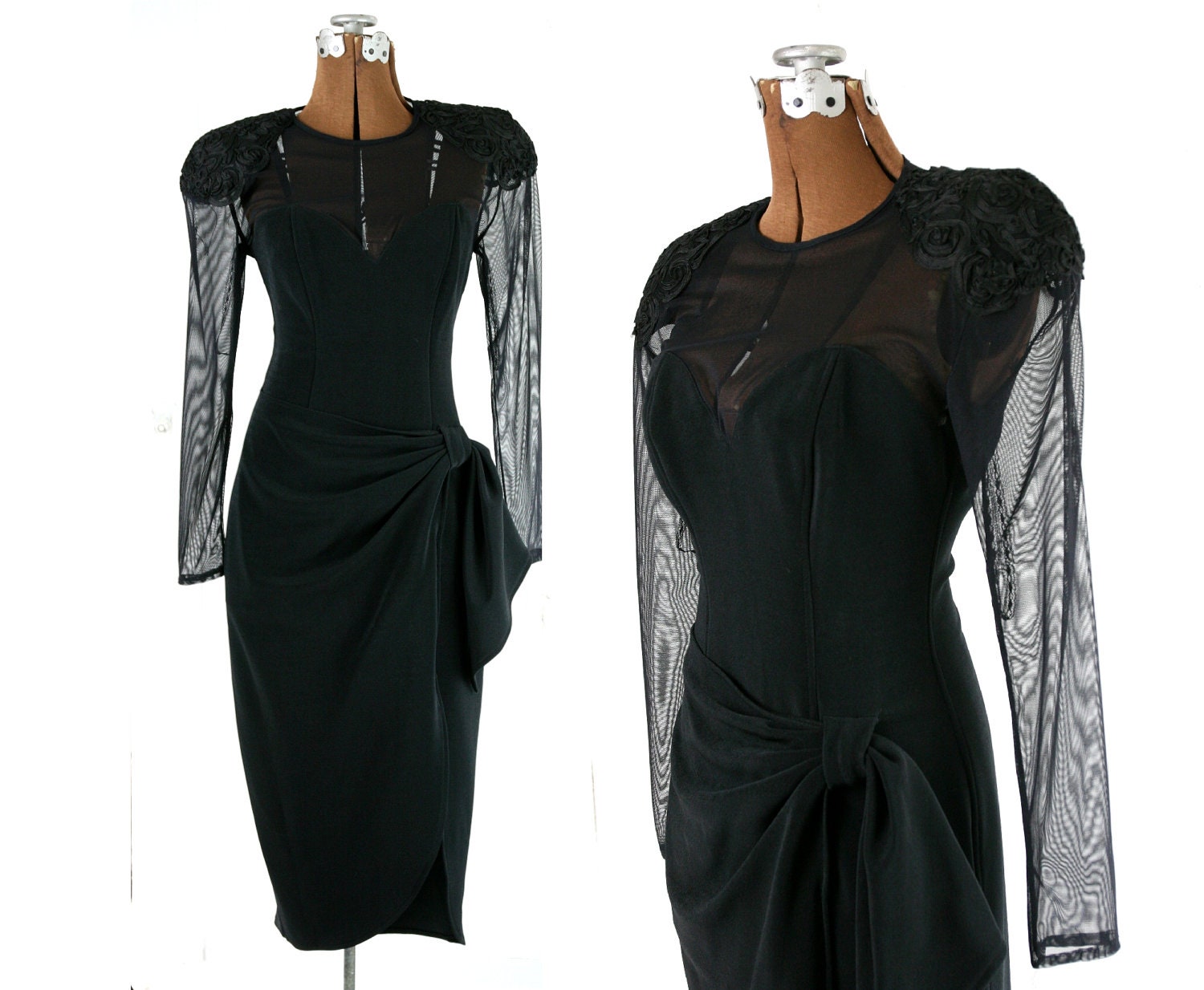 Vintage 1980s Jersey Wiggle Dress / Long Mesh Sleeves / Lace Midi / S M 6 8 10