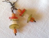Sand Cast Glass & Button Earrings with peach adventurine, pale green and tangerine buttons