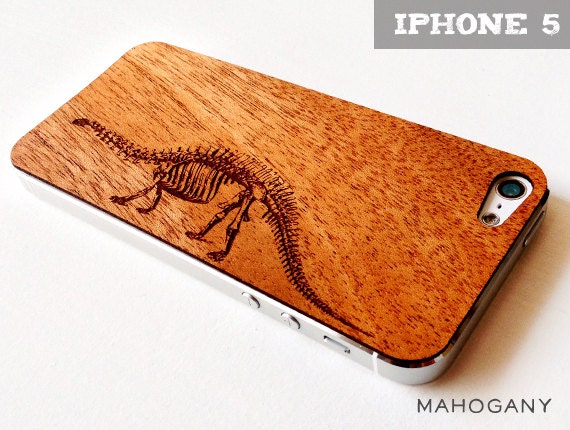 Brontosaurus Etching on Real Wood iPhone 5 Skin Cover