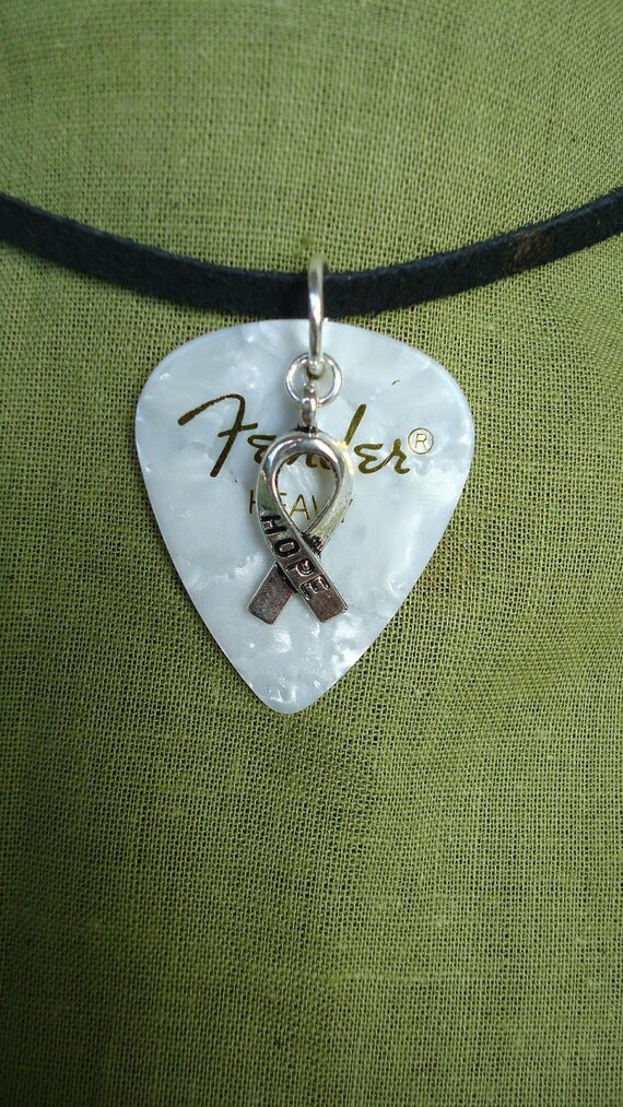 Hope Ribbon Guitar Pick Necklace Pearl Swirl Lung by TipJarsAreUs