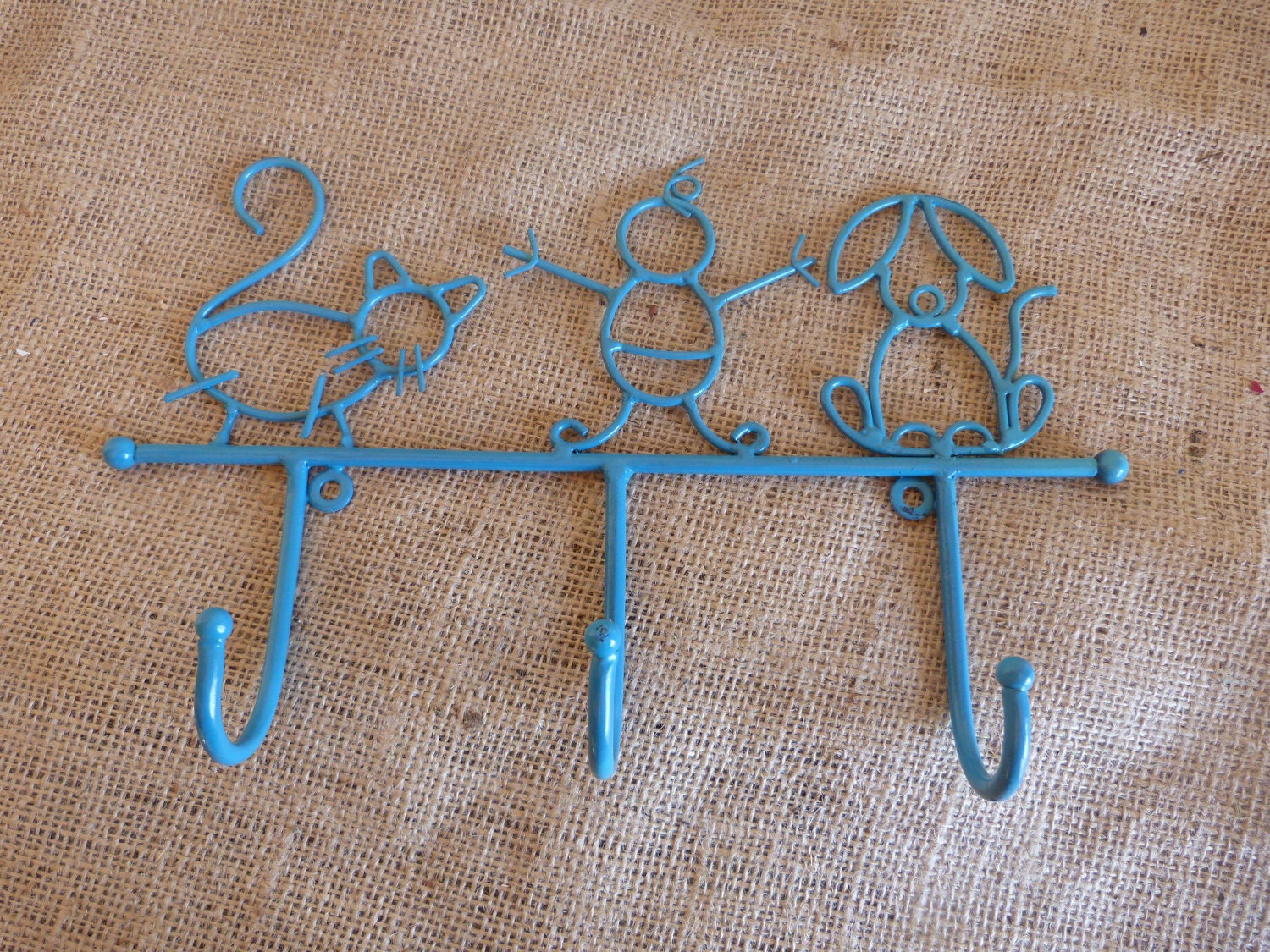 Pet Rack Holder, Pet Organizer, Turquoise Metal Hooks, Iron 3 Hooks, Lease Holder Rack, Key Holder