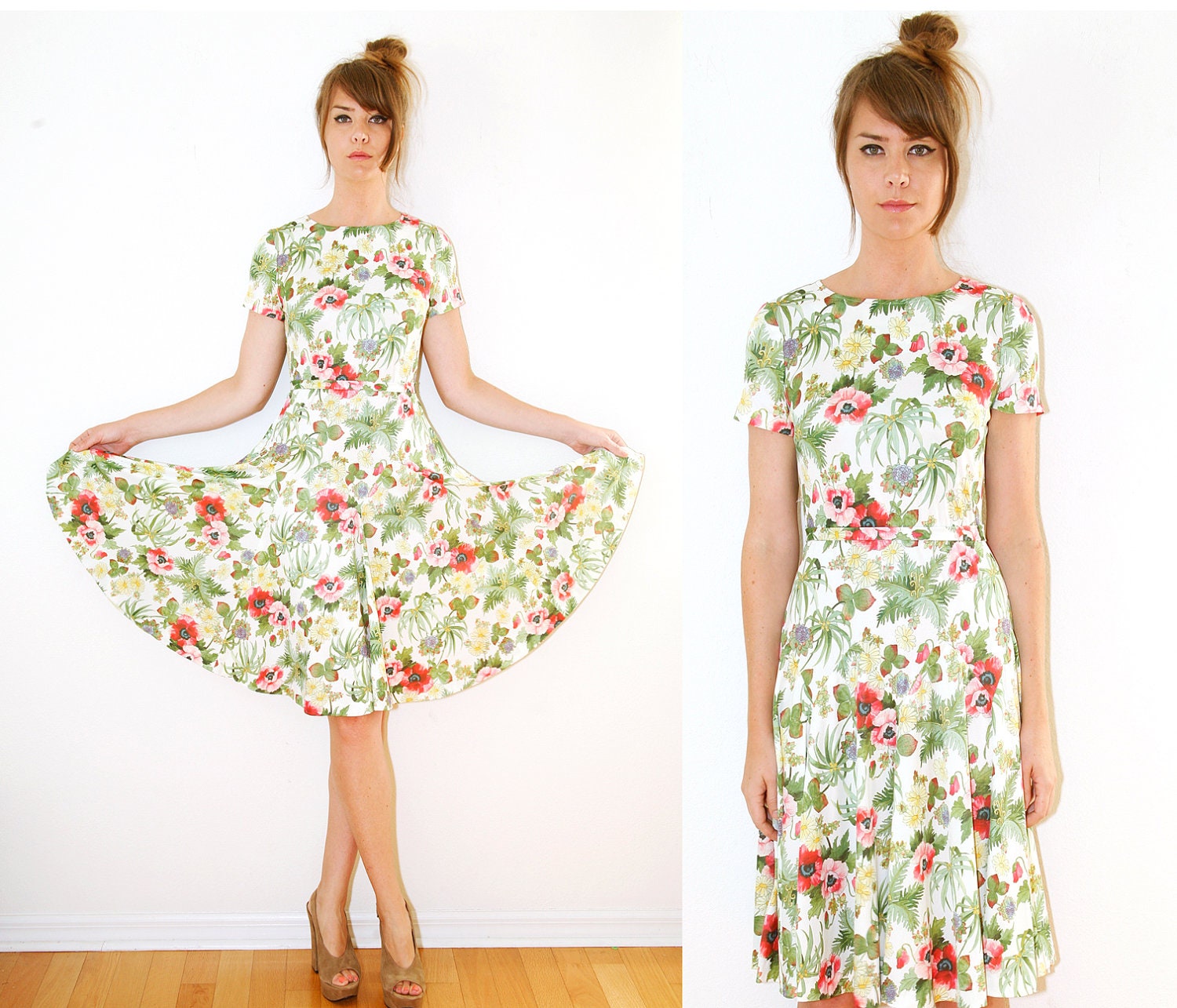 Edith Flagg Garden Floral Dress Short Sleeve Swing Skirt Green Vtg 60s/70s