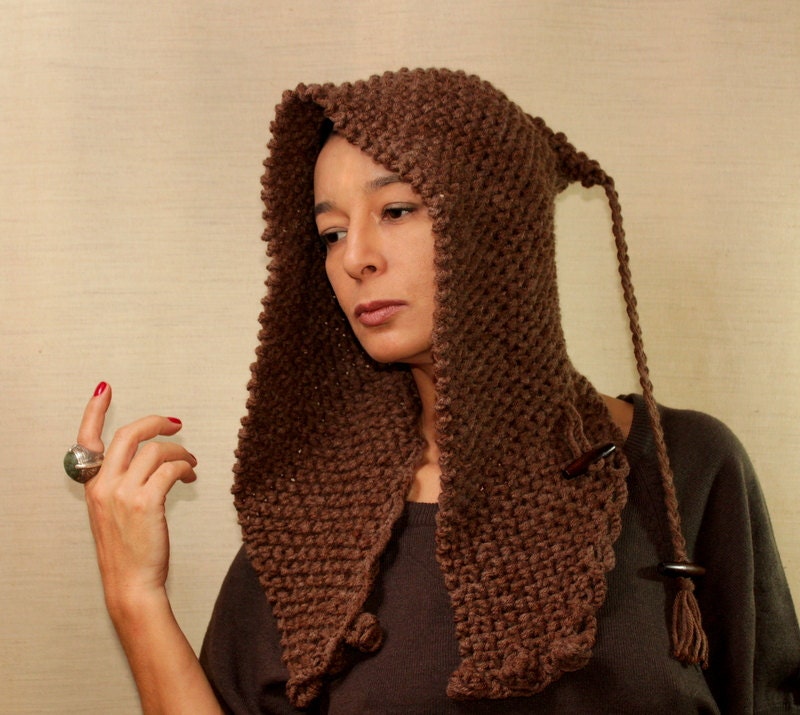 Knit Hat Ear Flap Beanie Rustic Cocoa Brown Elf Pixie Hat Knit Hood Chunky Hooded Cowl Scarf Winter Accessories
