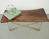 Coffee Table - Live Egde Walnut Slab w/Brass Base by Dylan Design Co.