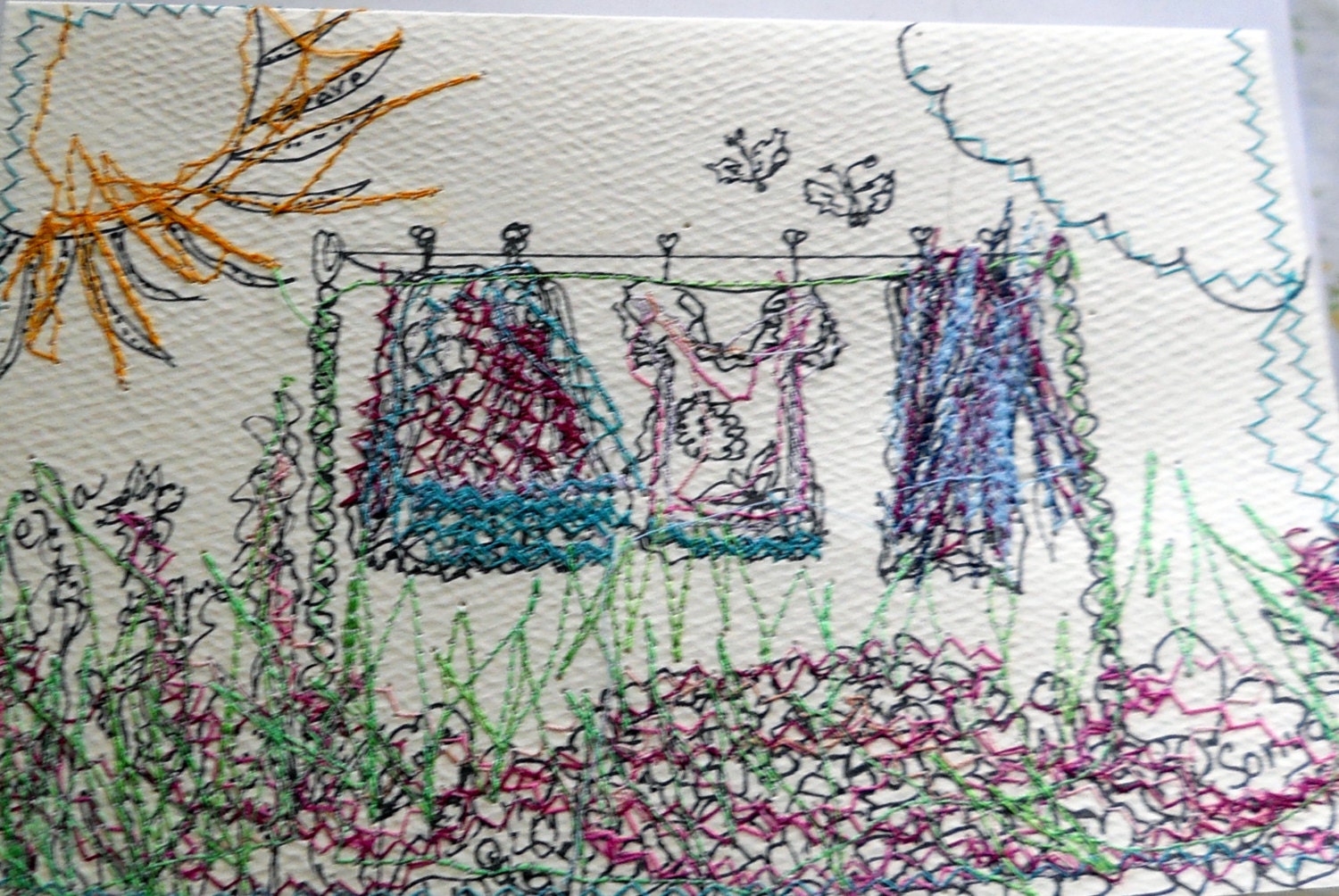 Clothesline Card, Greeting Card, Sewn Card, Freshly Sewn Card, Fiber Art, Wall Hanging, KSonya Art Card