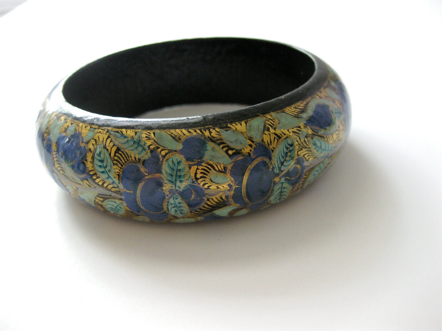 Bangle Bracelet Vintage Hand Painted Wood Cobalt Blues Golds Greens Aqua Flowers