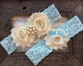 Something Blue Wedding Garter- Vintage Wedding Bridal Garter and Toss Garter- Ivory and Pearl Rhinestone Garter-Toss Garter
