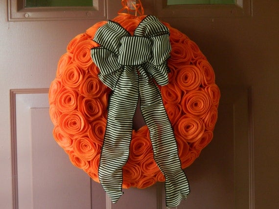 Halloween Wreath - Felt Wreath with Orange Rosettes and a Black and White Striped Bow - 12 inch