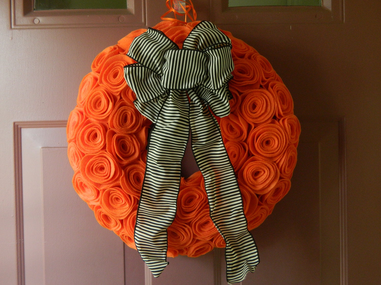 Halloween Wreath - Felt Wreath with Orange Rosettes and a Black and White Striped Bow - 12 inch