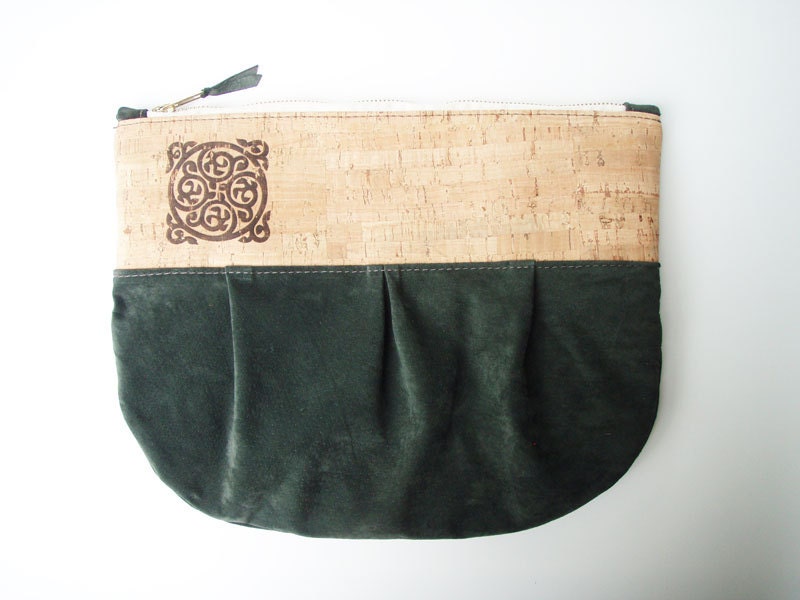 Cork and Suede Clutch-brass zipper / Bridesmaid Gift